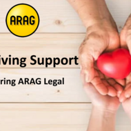 This picture shows two set of hands cupped together holding a red heard with the wording ARAG Caregiving Support Featuring ARAG Legal