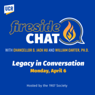 This image is an event flyer that states "Fireseide Chat with Chancellor S. Jack Hu and William Carter, Ph.D. Legacy in Conversation Monday, April 6"