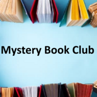 This picture display a frame of books with a blue background and in the center it reads "Mystery Book Club"